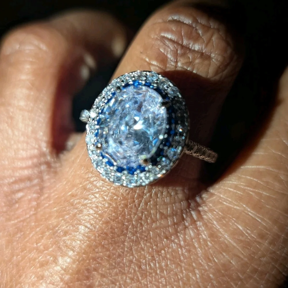 3Ct 925 Silver Oval Cut Blue Halo White Diamond Simulated Engagement Ring  Sz 10